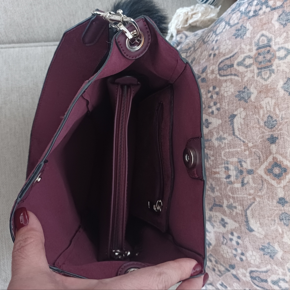 Purple Suede Shoulder Bag with Pom-Pom Strap - Picture 7 of 9